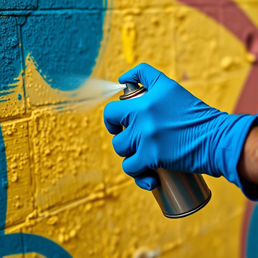 Create an image of a person applying blue spray paint to a textured wall with their hand wearing a blue glove, showcasing vibrant colors and details, taken with a 50mm lens at f/1.8, ISO 200, 1/500 sec, in natural light with a shallow depth of field to enhance the focus on the spray can and hand.