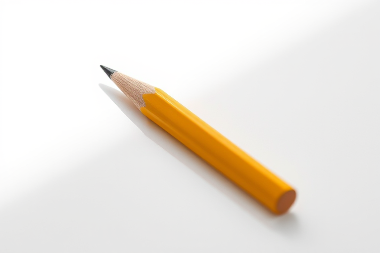 Create a highly detailed illustration of a yellow pencil lying on a white background, with a shallow depth of field, 50mm lens, f/2.8 aperture, ISO 100, soft natural lighting to enhance the texture and shadows.