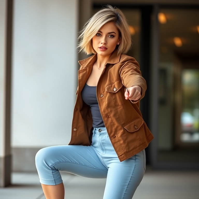 Create a high-quality image of a woman with short blonde hair wearing a brown jacket and light blue capris, posed in a dynamic stance, captured with a DSLR camera at f/2.8 aperture, 35mm lens, ISO 100, in natural soft lighting with a slight bokeh effect.