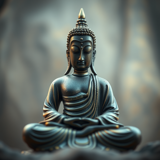 Create a highly detailed illustration of a meditating Buddha with gold accents, using a DSLR camera with a 50mm lens, aperture set to f/1.8 for a shallow depth of field, shot from a low angle to emphasize the figure, and a soft focus background to enhance the subject's presence.
