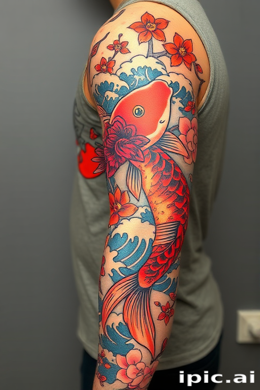 Bold traditional Japanese koi fish tattoo in rich reds and blues, swimming through stylized waves and cherry blossoms, covering the entire sleeve in a dynamic and culturally significant design
