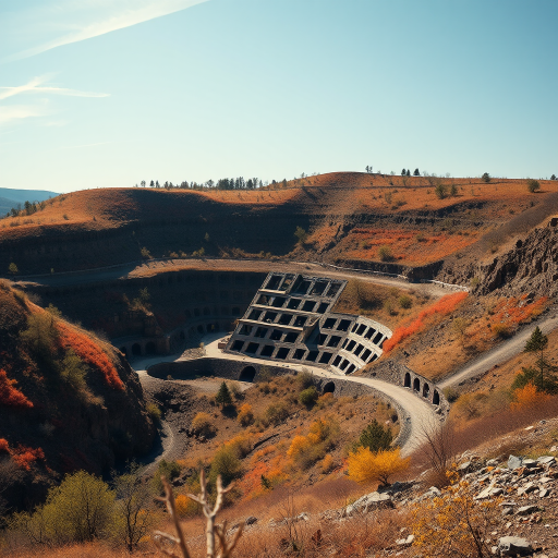 abandoned mining site on a hillside, captured with a Canon EOS 5D Mark IV, f/8 aperture, ISO 100, 24mm lens, landscape orientation, natural light, vibrant colors
