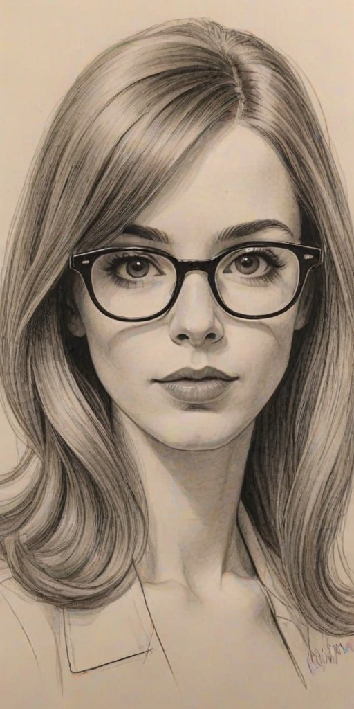 Enticing Molly Bernard, pencil sketch, portrait of Superb woman 1968s in glasses, hair style beatnik, outline, clear lines, fine lines, 8k