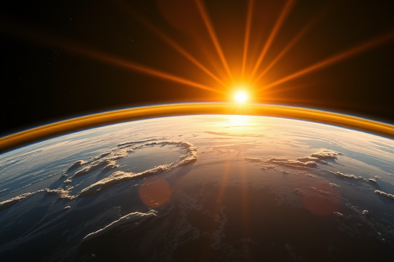 capture a stunning view of Earth from space during sunrise, wide-angle lens, f/11 aperture, ISO 200, 1/125 sec shutter speed, DSLR camera, high resolution, vivid colors, emphasize the curvature of the planet and the sun's rays breaking over the horizon