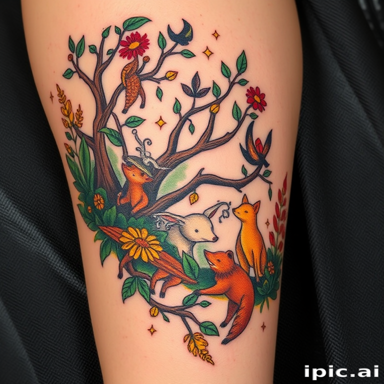 Neo-traditional tattoo called "Woodland Reverie" showcasing a whimsical forest scene with stylized animals flowers and mystical creatures interwoven in a dreamlike landscape using a rich color palette of deep greens earthy browns and pops of bright yellow and red with bold black outlines and subtle gradients creating a fairytale-like atmosphere on the skin
