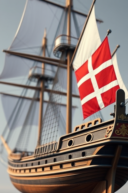 regenerate a detailed 3D rendering of a 19th century sailing ship with a Danish flag, showcasing intricate rigging and hull design, captured from a low-angle view, using a DSLR camera with a 50mm lens, aperture set to f/8 for depth of field, ISO 100, and a shutter speed of 1/125 to enhance image clarity and reduce motion blur.