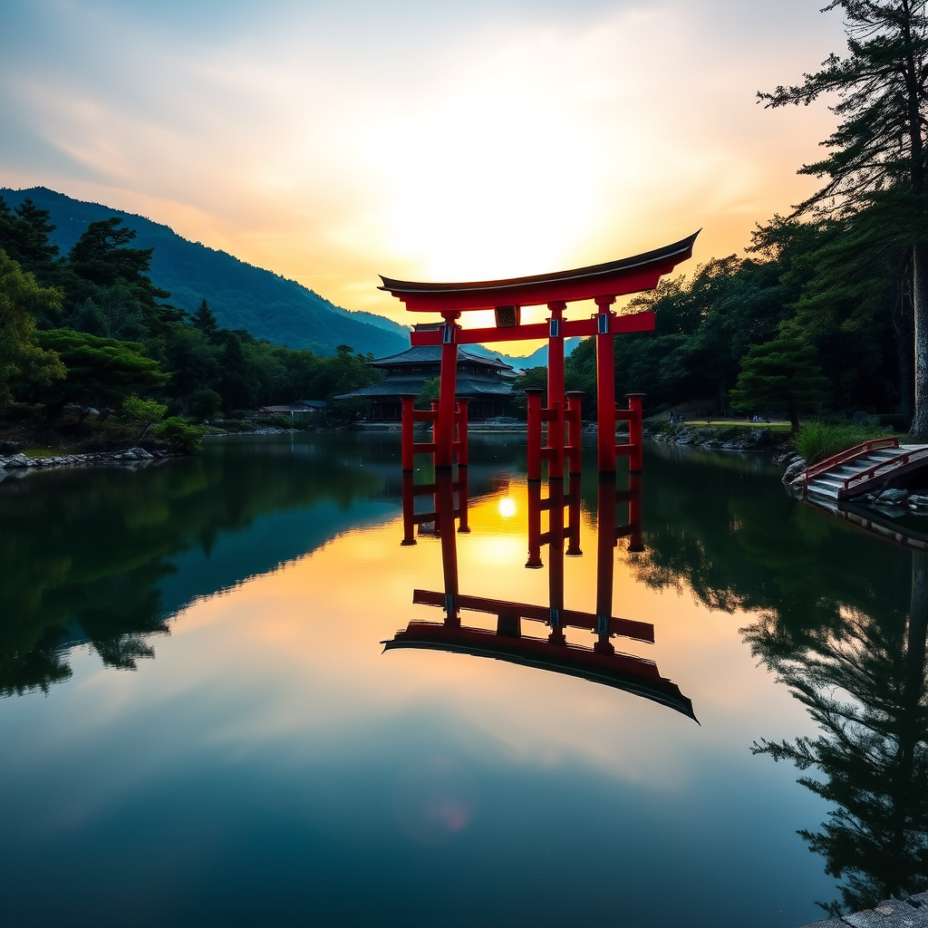 A serene sunrise over a reflective lake featuring a traditional torii gate, captured with a Canon EOS R5, f/8 aperture, 1/125s shutter speed, ISO 100, using a wide-angle lens at 24mm, HDR style with vibrant colors and high dynamic range to enhance clarity and detail.
