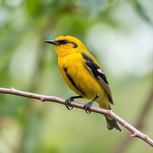 A vibrant yellow and black bird perched on a branch in a natural setting, shot with a 70-200mm lens at f/4, 1/2000s shutter speed, ISO 400, using a DSLR camera with a shallow depth of field for enhanced background blur and rich detail on the bird.