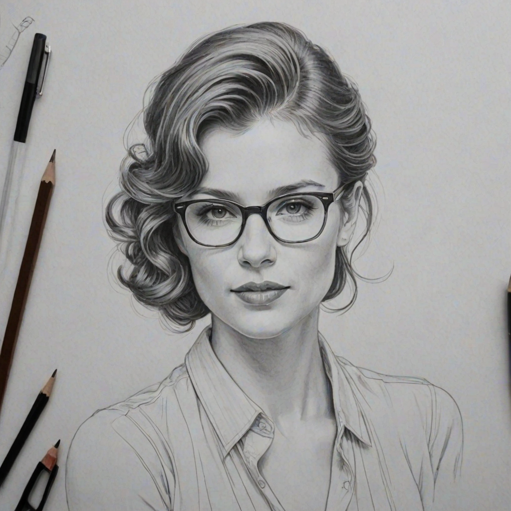Ravishing Katja Herbers, pencil sketch, portrait of Wonderful woman 1937s in glasses, hair style beatnik, outline, clear lines, fine lines, 8k