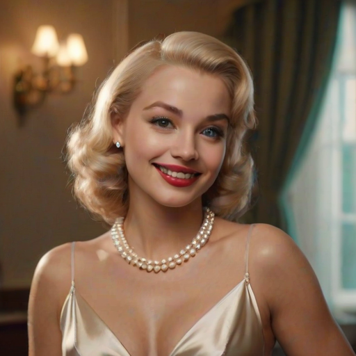A beautiful Creole woman reminiscent of 1950s Hollywood glamour, with perfectly styled blonde hair and a seductive smile, dressed in a satin blouse and adorned with pearls, soft and warm tones, photorealistic, 8K