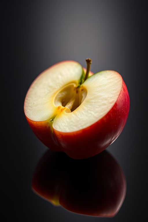 close-up shot of a partially sliced red apple on a black reflective surface with soft diffused lighting, ISO 100, f/3.5, 1/200s, macro lens, DSLR camera