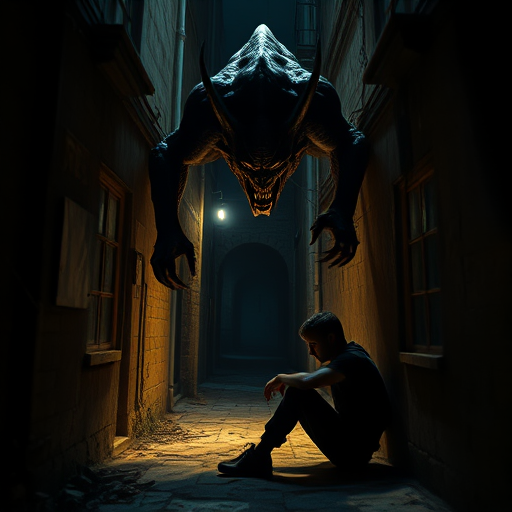 dark fantasy scene of a menacing demon looming over a distressed figure seated in an alley, dramatic lighting, high contrast, camera settings: f/2.8, ISO 400, 1/60s, camera view: close-up, camera style: cinematic, camera type: digital DSLR