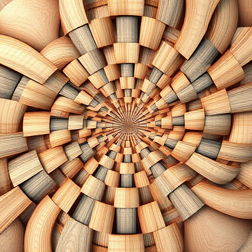 create an intricate wooden pattern that appears to warp and weave in an optical illusion style, shot with a DSLR camera at f/8 aperture, ISO 100, 24mm lens, top-down view, sharp focus, high-resolution, natural lighting