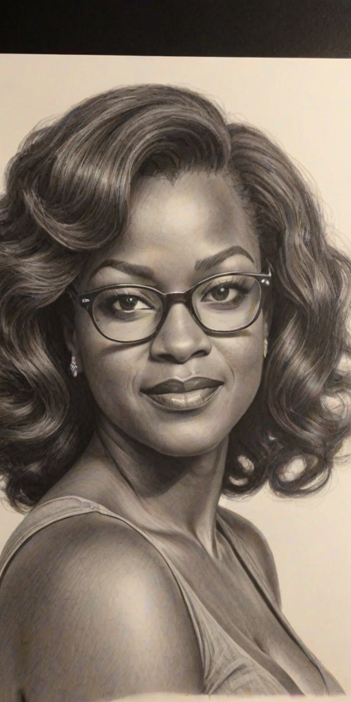 Charming Viola Davis, pencil sketch, portrait of Fetching woman 1944s in glasses, hair style beatnik, outline, clear lines, fine lines, 8k