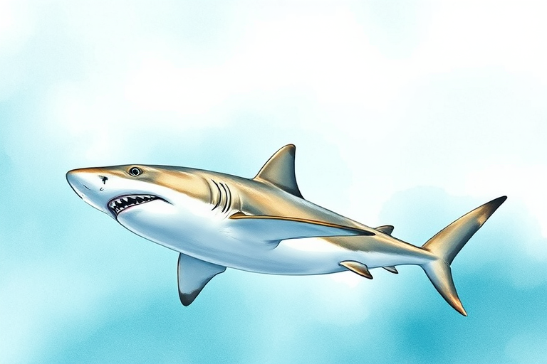 Regenerate a watercolor illustration of a shark swimming beneath the water's surface with a calm and blended turquoise background, using a DSLR camera with a 50mm lens, f/2.8 aperture, ISO 200, and a slight overhead view for enhanced detail and clarity.