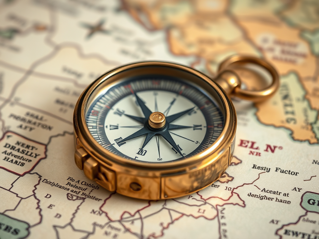 Sharp, detailed close-up of an antique compass resting on a weathered map, soft light reflecting off its brass surface, tiny details of the map's markings visible, and the feeling of adventure and exploration.