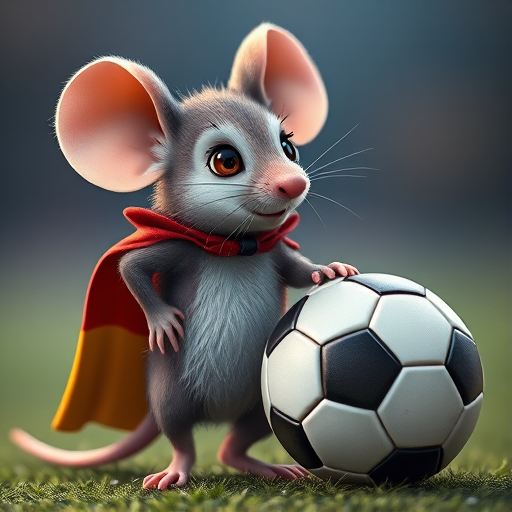 Create a hyper-realistic illustration of a cute cartoon mouse wearing a German flag as a cape and standing next to a soccer ball, captured with a DSLR camera at f/1.8 aperture, ISO 100, 50mm lens, in a dynamic, low-angle view, emphasizing vibrant colors and detailed textures.