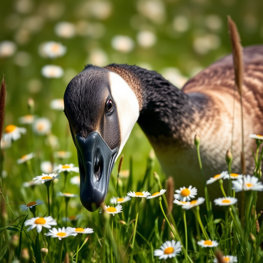 Close-up shot of a Canada goose foraging in a meadow filled with daisies and tall grass, captured with a Canon EOS 90D, 100mm f/2.8 macro lens, aperture f/4, ISO 200, shutter speed 1/500s, in natural daylight for vibrant colors and sharp detail.