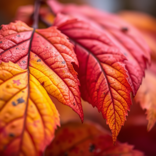 close-up of colorful autumn leaves with intricate details and textures, shallow depth of field, soft background blur, natural lighting, macro lens, f/2.8, 1/200s, ISO 100, DSLR camera