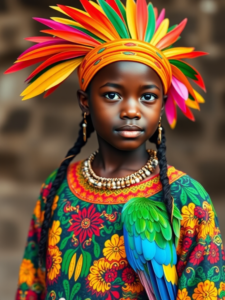 A beautiful Garifuna girl, wearing colorful bird clothing with vibrant colors