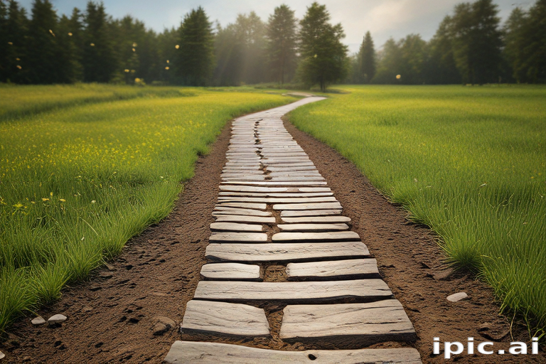 Tranquil Pathway Through Lush Green Fields Under Soft Morning Light