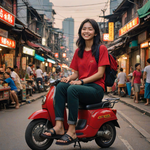 Cartoon Movie​ scene, a 18yr kindness grin Japanese woman,oval face , mullet medium long messy black side hair, wear a red shirt ,black jeans ,navy slip-on​,with green backpack, relax​ sitting on a seat in a thai tuk-tuk, tuk-tuk a silver metal roof that reflects light, There are blurred street lights and shops Chinatown Bangkok in the background.