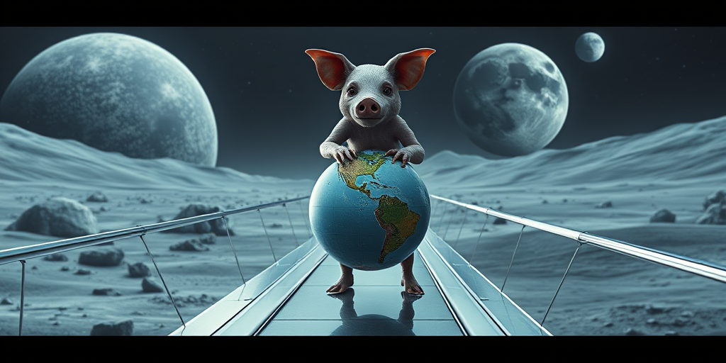 Create a futuristic scene featuring a humanoid creature with a pig-like face balancing two globes, set on a sleek, silver futuristic bridge in a lunar landscape, use a DSLR camera, 50mm lens, f/2.8 aperture, ISO 100, 1/250 sec shutter speed, high dynamic range for enhanced details.