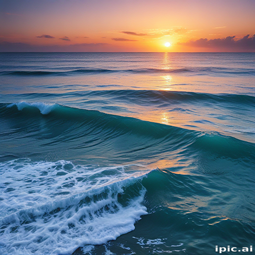 Stunning Sunset Over Calm Ocean Waves Reflecting Warm Golden Light