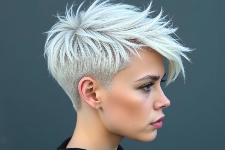 Cool-toned platinum pixie named "Arctic Frost" with icy white highlights and textured spikes, styled for an edgy and modern appearance