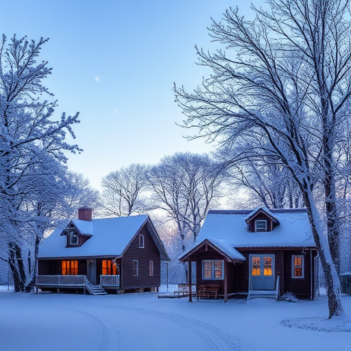 Create a winter landscape with two cozy cottages in the snow, surrounded by trees with snow-covered branches, softly falling snowflakes in a twilight sky, shot with a DSLR camera at f/8 aperture, 50mm lens, ISO 200, using a wide-angle view for a panoramic effect.