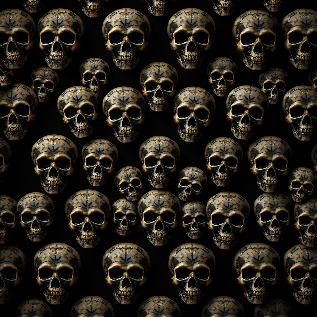 Create a highly detailed repeating pattern of intricately designed skulls arranged in a grid format on a dark background, using a Canon EOS 5D Mark IV camera with a 50mm f/1.8 lens, aperture set to f/8 for greater depth of field, ISO at 100 for minimal noise, and a slight vignette effect for a dramatic look.