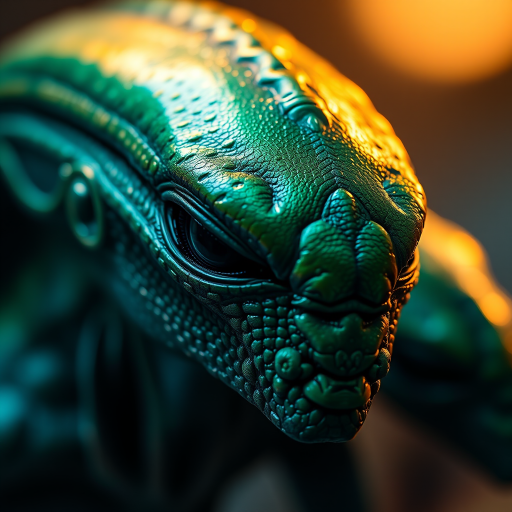 Create a highly detailed, hyper-realistic close-up of an alien creature with a green metallic sheen, focused on intricate textures and features, using a Canon EOS R5 with an 85mm f/1.2 lens, ISO 100, aperture f/1.2, shutter speed 1/200 sec, soft bokeh background with dramatic lighting.