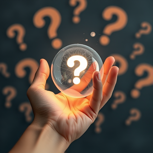 Photograph of a human hand holding a glowing orb representing information and uncertainty, surrounded by abstract question marks in the background, taken with a DSLR camera, aperture f/2.8, shutter speed 1/125 sec, ISO 100, wide-angle lens, with soft focus and high contrast to enhance details.