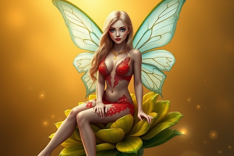 A digital artwork features a winged fairy with delicate Aqua butterfly wings, adorned with intricate Ivory andAsparagus patterns. She is seated on a vibrant Moss flower, wearing a revealing red two-piece outfit with sparkling beadwork. Her fair skin, long blonde hair, and gold jewelry add to her ethereal appearance. The background is a warm, golden gradient, creating a magical atmosphere. Small glowing orbs and sparkles surround the flower, enhancing the enchanting, highly detailed, and realistic scene.