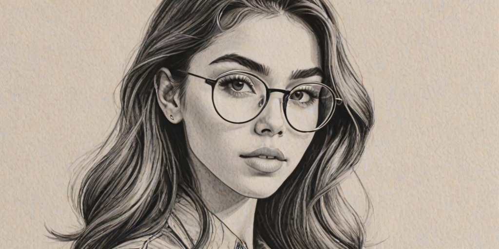 Fascinating Madison Beer, pencil sketch, portrait of Splendid woman 1943s in glasses, hair style beatnik, outline, clear lines, fine lines, 8k