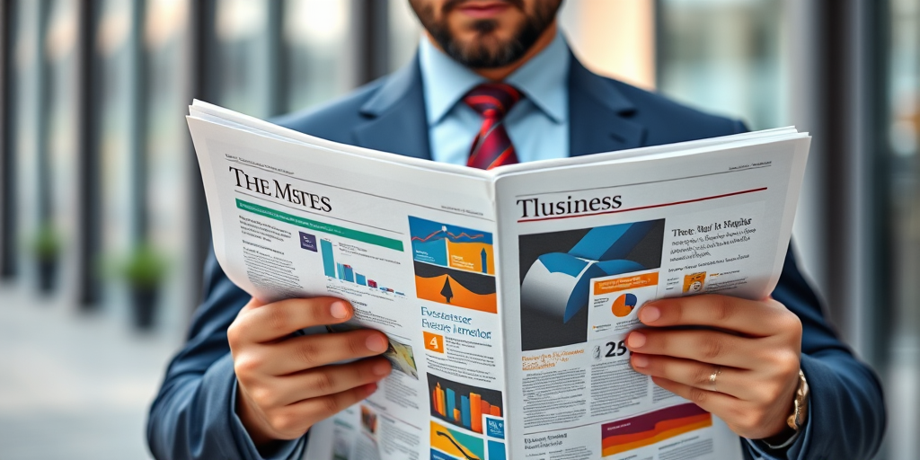 A well-dressed man in a suit holding a business newspaper with colorful graphics, shot with a Canon EOS R5 at f/2.8, ISO 100, 1/200 sec, shallow depth of field, natural light, soft focus background.