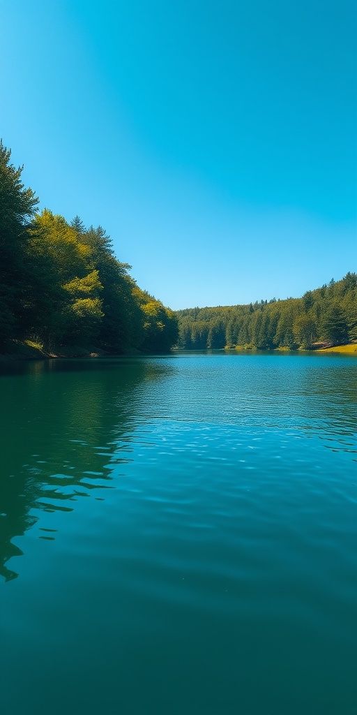 Generate a high-resolution image of a serene landscape featuring a tranquil lake surrounded by lush green trees under a clear blue sky, shot with a Canon EOS R5, 24mm lens, f/8 aperture, ISO 100, and a wide-angle perspective for enhanced depth.