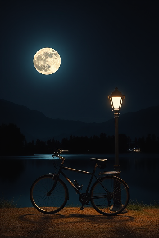 Generate a nighttime landscape featuring a bicycle by a lamppost near a serene water body, with a large moon in the background, silhouette trees, and mountains; use a DSLR camera with a 35mm lens, aperture set to f/2.8, ISO 100, and a long exposure time to capture light reflections and enhance colors.