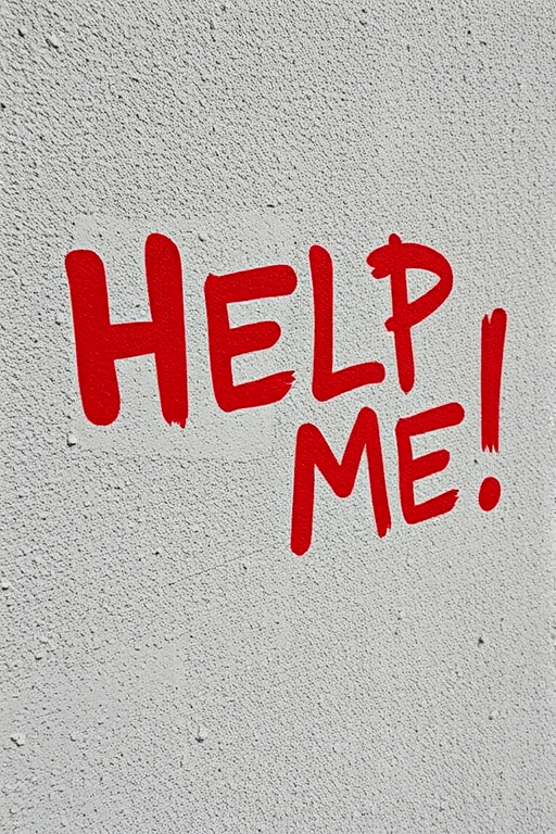 Create an image of textured wall with the words "HELP ME!" scribbled in bold red paint, using a DSLR camera with a 50mm lens, aperture f/2.8, shutter speed 1/100s, ISO 200, in a close-up view with natural lighting.