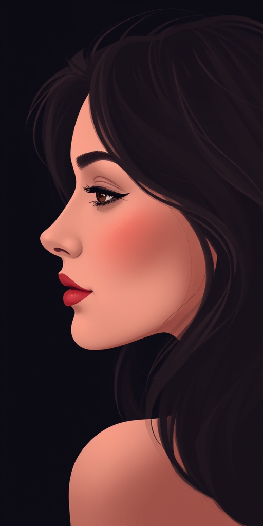 Create a digital illustration of a woman's profile with soft features, a dark background, and subtle highlights on her hair, using a Canon EOS R camera, 50mm lens, f/1.8 aperture, ISO 100, and a shallow depth of field for a smooth, blurred effect.