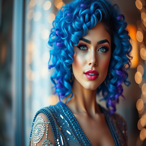 portrait of a woman with vibrant blue and purple curly hair wearing a sparkling outfit, soft focus background with glittering lights, taken with a Canon EOS R5, 50mm lens, f/1.8, ISO 100, natural lighting, portrait mode