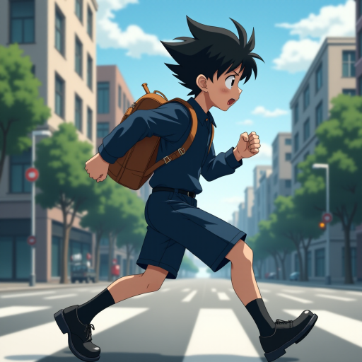 In the Japanese boondocks photorealistic anime, the camera focuses on strong muscular sideview of 9 year old boy his perfect face conveys powerful mighty passion, wearing black school dress-shoes, wearing dark blue matching school uniform. he runs lightly across wide busy city street. with stoplights in backdrop, The animation highlights the dynamic of the boy's clothes and hair blowing in the wind as he moves around, wearing leather backpack,