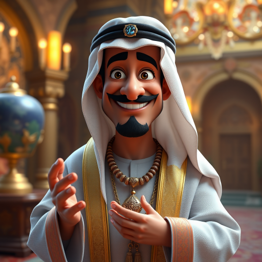 Create a 3D rendering of a wealthy Arab male sheikh from Dubai, inspired by the Disney animation style. The sheikh must have a smile and a playful but wise character. Place your character in an atmosphere of wealth and luxury. The image must be in high resolution format. Dynamic pose above the waist, gesturing with hands (Pixar Art style)++ highly detailed digital painting, art stations, concept art, soft focus, hard focus, illustrations. cinematic, visual effects, HDR, Unreal Engine 5, ray tracing, soft light, 8k, high detail, sparkling backlighting, luxury gem, game art, 3d, cartoon, colorful, magical, mysterious