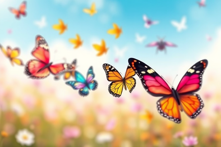 Create a vibrant illustration of a trail of colorful butterflies in a soft, dreamy background, captured with a DSLR camera at f/2.8 aperture, 50mm lens, ISO 100, and a shallow depth of field to enhance focus and clarity.