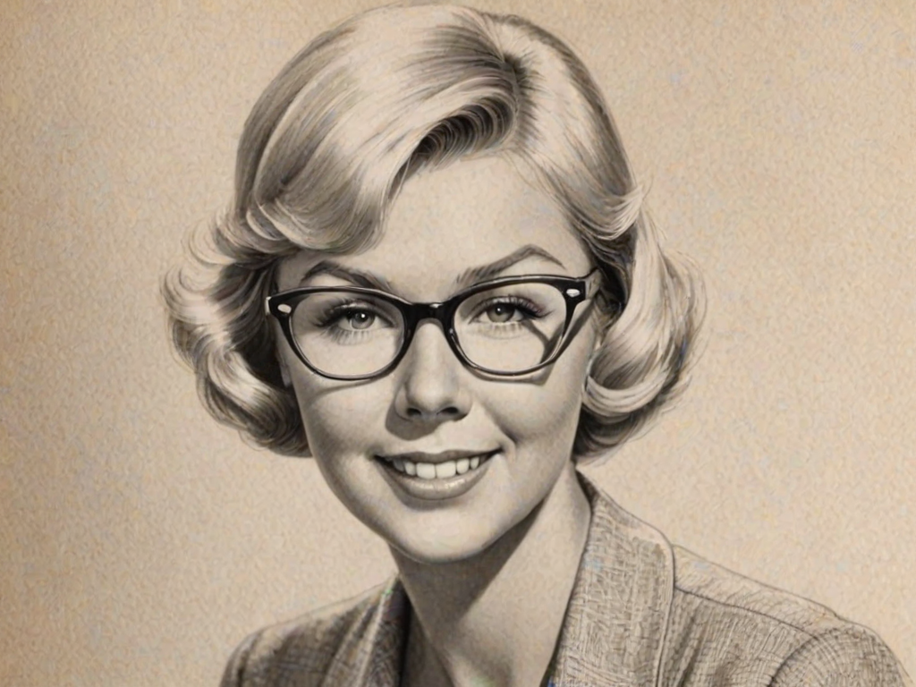 Fascinating Doris Day, pencil sketch, portrait of Enticing woman 1930s in glasses, hair style beatnik, outline, clear lines, fine lines, 8k