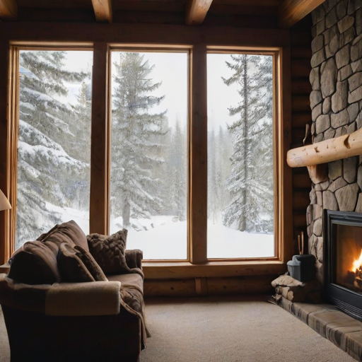 Snowy mountain lodge, the fireplace inside crackling, as a woman stands by the large windows, watching the snowfall quietly outside.