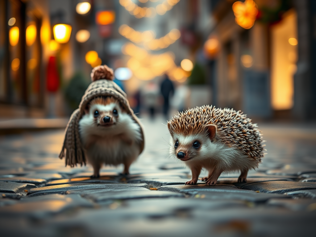 A cozy scene featuring two hedgehogs in winter attire walking on a cobblestone street, warm ambient lighting, shallow depth of field, shooting with a Canon EOS R5, 50mm f/1.2 lens, ISO 100, aperture f/2.8, 1/200 sec exposure, soft focus background.