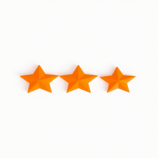 Create an image of a row of five orange stars, with the first three filled in and the last two outlined, using a shallow depth of field, f/2.8 aperture, 50mm lens, and shot from an overhead view for clarity and enhanced color contrast.