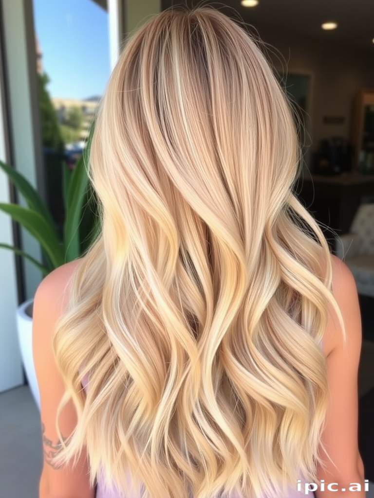 Soft, buttery blonde hair is the foundation for the "Golden Hour" style, featuring long, flowing layers that catch the light beautifully. Subtle balayage highlights in warm honey and pale wheat tones create dimension and movement. The hair is styled in loose, beachy waves that evoke the relaxed elegance of a sun-kissed California girl.