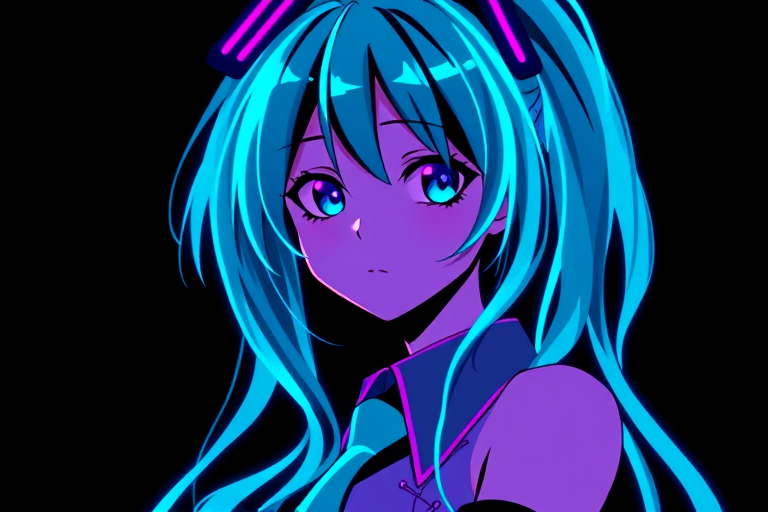 Hatsune Miku,limited palette,black background,colorful,vibrant,glowing outline,neon,blacklight,looking at viewer, masterpiece, very aesthetic